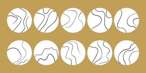 Trendy social media round cover design, social network stories and post, mobile apps, design. Template icons with geometric doodle elements. Set of various vector highlight covers, mockup.