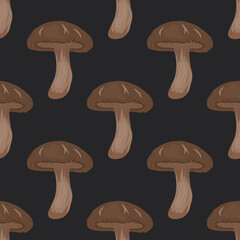 Vector Seamless Pattern with Shiitake Mushroom on Black. Seamless Texture, Hand Drawn Cartoon Shiitake Mushrooms. Design Template for Textile, Wallpaper, Print