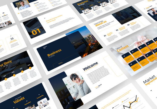 Business Presentation Layout with Yellow and Blue Accents