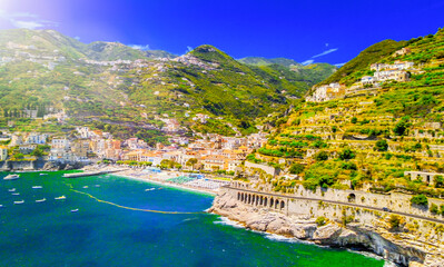 Amazing aerial view of Maiori and Minori along Amalfi Coast in summer season, Italy. Drone viewpoint