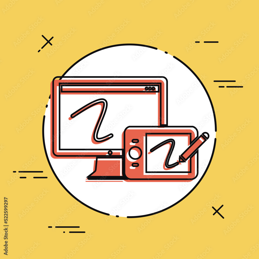 Poster graphic drawing tablet and application for design - vector flat minimal icon