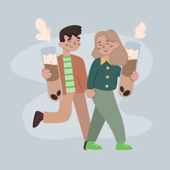 lovely cute couple walking with coffee