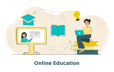 Presentation slide template or landing page website design. Modern flat outline style. Online education courses