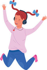 Happy girl in headphones jumping. Kid listening music and dancing