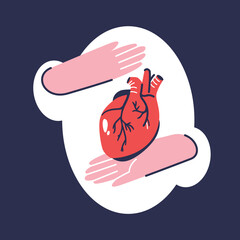Medical examination of the heart and cardiovascular system with care for your health. Illustration in cartoon style flat graphic. Banner with a human heart in hands. - obrazy, fototapety, plakaty