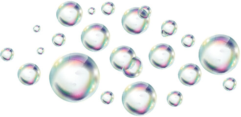Realistic clear foam. Transparent glossy rainbow bubbles