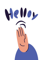 Welcome hand gesture. Lettering hello with waving joyfully by human hand. Handwritten inscription in cartoon style. Back side of the hand. A hand in a sweater raised up.