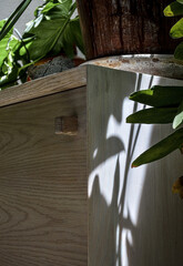 wooden furniture light and shadow, light wood credenza contrasting with light and shadow, vegetation