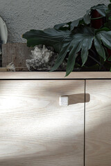 wooden furniture light and shadow, light wood credenza contrasting with light and shadow, vegetation