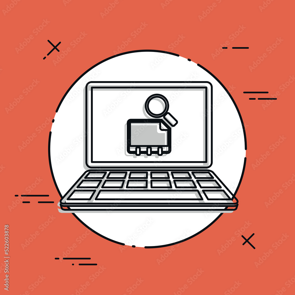 Poster find contact on computer - vector flat icon