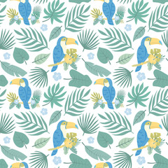 Fototapeta na wymiar Summer seamless pattern of tropical leaves with a blue toucan, a palm branch in a green-yellow palette on a white background. For product design, textile, wrapper, background.