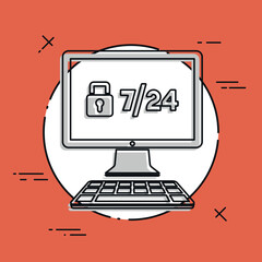 7/24 computer protection - Vector flat icon