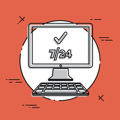7/24 computer check - Vector flat icon