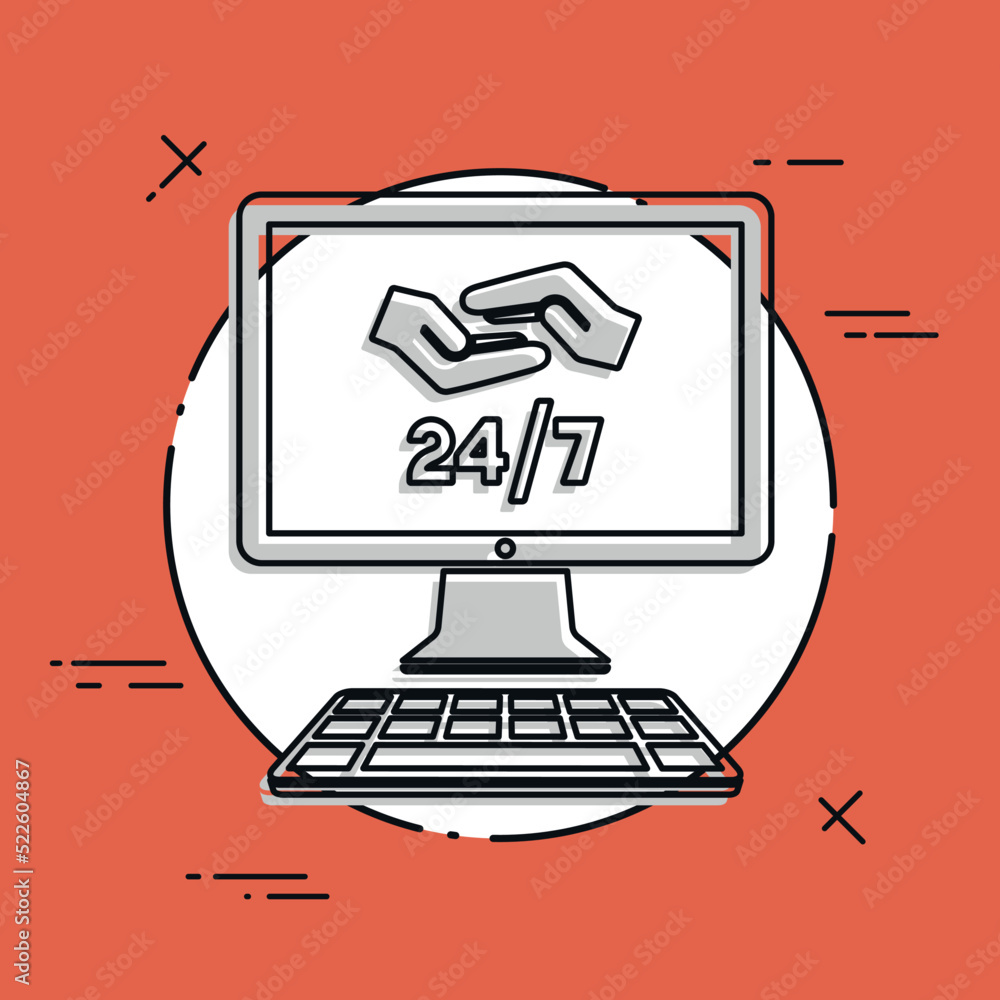 Poster 24/7 computer support - vector flat icon