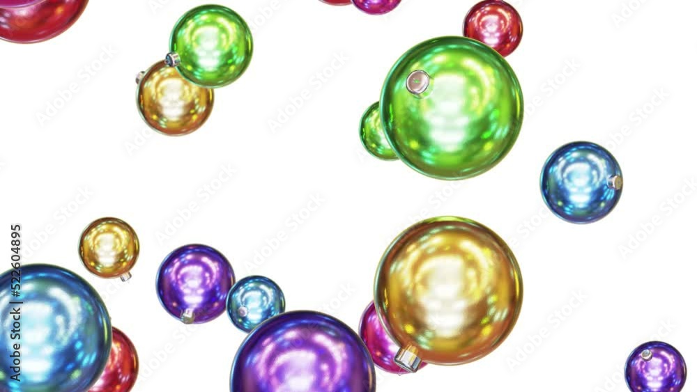 Poster realistic looping 3d animation of the textured colorful glass christmas baubles falling from the top
