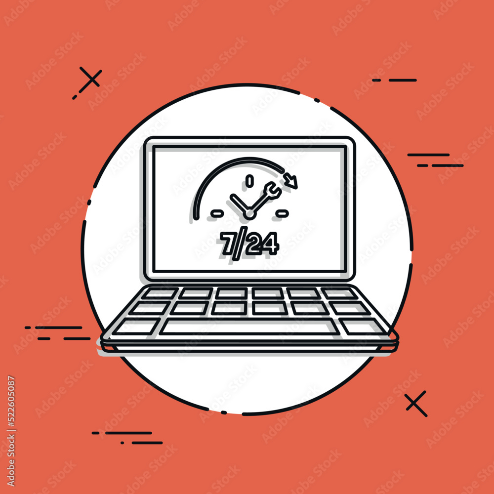 Poster full time web computer assistance 7/24 - vector flat icon