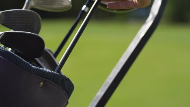 Woman golf player choosing golf clubs from the bag in green field. Slow motion. Close up