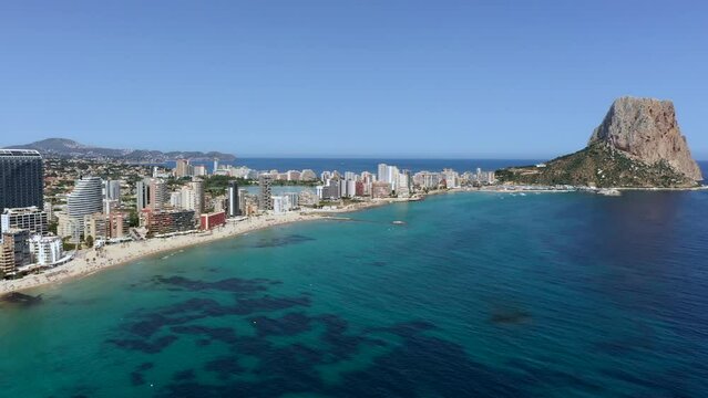 Aerial view of Calp city with beach and Ifach rock in Costa Blanca Spain