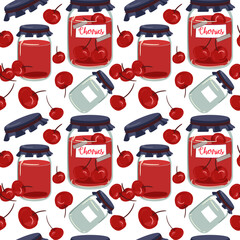 Background jam made of cherries, jars, jams, sunsets. Used in textile illustration, kitchen illustration, gift wrapping. Background, pattern, seamless.