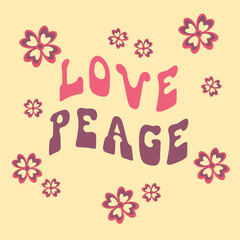 Inscriptions Love, Peace with flowers painted in pink, violet in the shape of a wave on beige background.