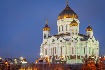 Fototapeta na wymiar Cathedral of Christ the Saviour illuminated at evening, Moscow, Russia