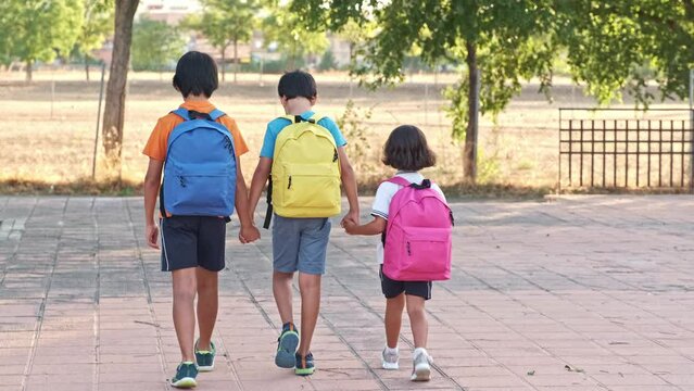 three little sibling boys holding hands back to back walking with blue yellow and pink backpacks back to school