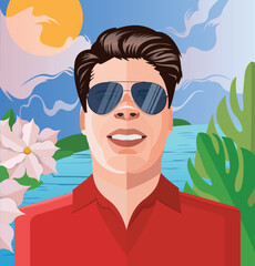 A stylized image of a man against the background of nature. Vector illustration