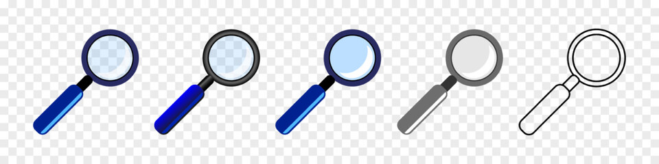 Magnifying glass icon. Set of icons in different style. Flat, realistic and line. Vector illustration isolated on transparent background.