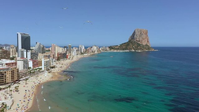 Aerial view of Calp downtown with beach and Ifach rock in Costa Blanca Spain