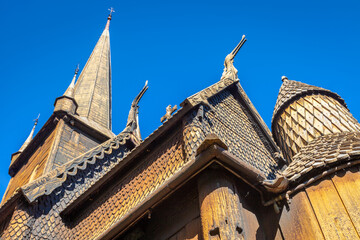 Lom Stave wooden catholic Church in Norway at clear sky, Scandinavia