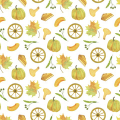 Autumn pumpkin, leaves, cart wheel, pie, mushroom seamless pattern traditional autumn watercolor illustration for autumn holiday gift wrapping paper, greeting card seasonal fall rustic repeat ornament