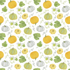 Pumpkin and leaves seamless pattern traditional autumn vegetable watercolor hand drawn illustration for autumn holidays wrapping gift paper, greeting cards seasonal fall rustic repeat ornament