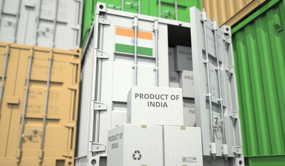 Boxes with goods from India and cargo containers. National economy related conceptual 3D rendering