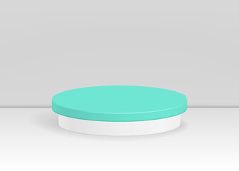 White and mint podium. Blank round pedestal. Awarded winner podium for outstanding luxury cosmetic product advertising on gray gradient lighting background