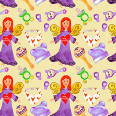 Seamless watercolor pattern angel, rattle, bonnet, bib, pacifier, mittens for newborns, my babyon a yellow background