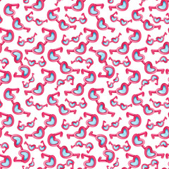 seamless pattern of bright pin heart shaped eyewear with blue glass isolated on white background