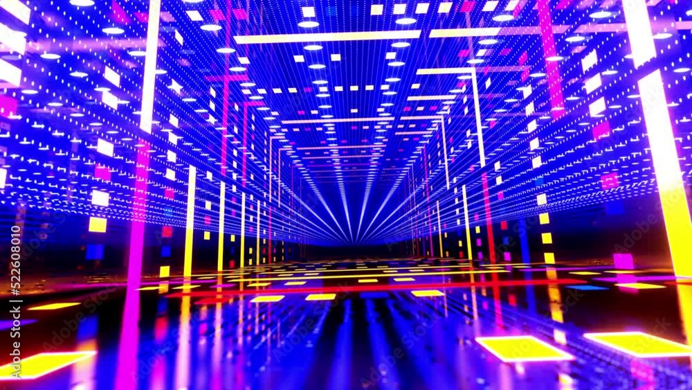 Poster move through mirror tunnel with neon pattern, glow structure form sci fi pattern. bright reflection 