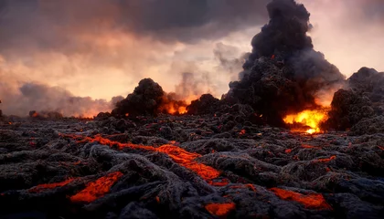 Stof per meter Apocalyptic volcanic landscape with hot flowing lava and smoke and ash clouds. 3D illustration. © Bisams