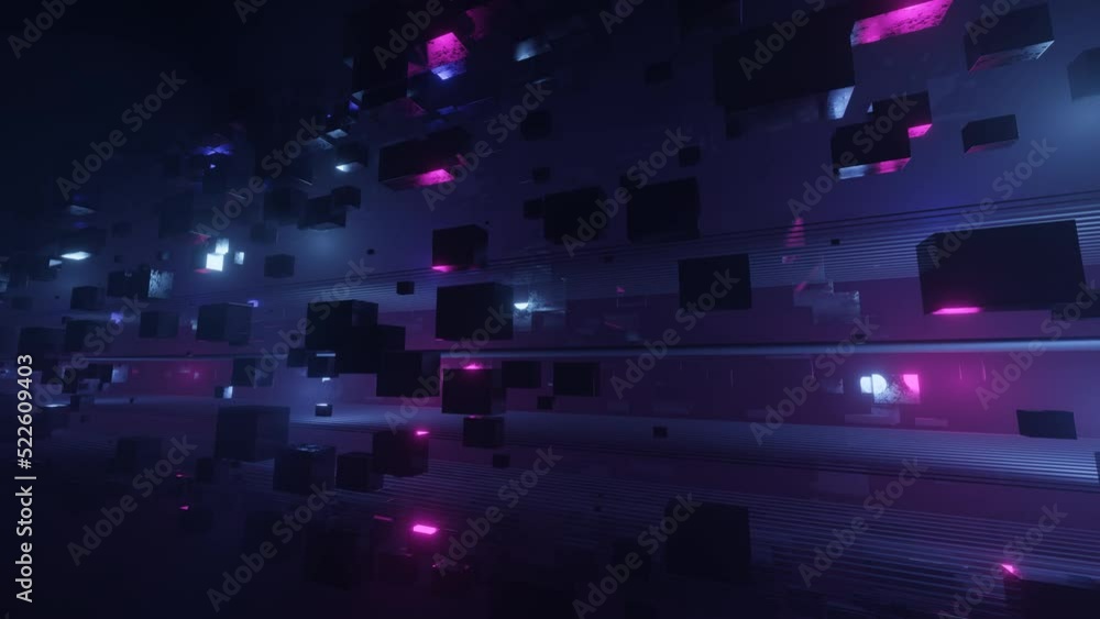 Poster fly through technology cyberspace with neon glow. sci-fi constructions, mysterious 3d objects in fog