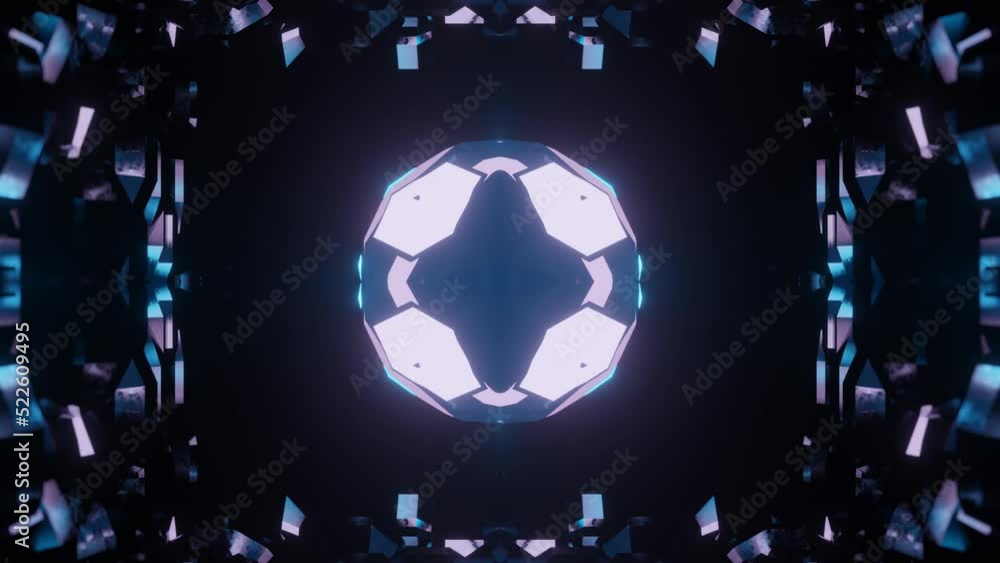 Poster symmetrical 3d object or structure rotates and moves inside glass mirror tunnel with neon light, bri