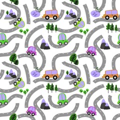 Cartoon kids seamless cars road pattern for child clothes print and wrapping paper and fabrics and accessories