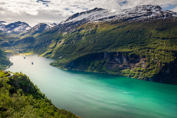 Geirangerfjord and village in More og Romsdal, Norway, Northern Europe