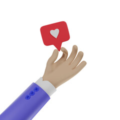 Сartoon hand holding like heart icon on a red pin. 3d illustration.