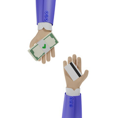 Cartoon hand swap banknote and credit card for online payment concept. Online buying, Cashless society. 3d illustration.