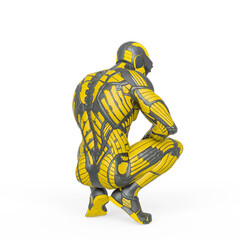 super hero in an exosuit is crouching rear view