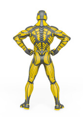 super hero in an exosuit is doing a power pose rear view