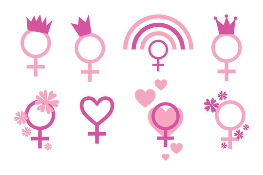 Collection vector illustrations with pink female gender signs symbols - for woman rights, girl power. Break the Bias. Women's Equality Day icons set. August 26, equal rights, breakthebias.