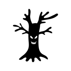 Halloween silhouette black creepy twisted tree - for cricut, design decor. Scary tree silhouette with smirk, isolated on white background. Vector illustration, traditional Halloween decorative element