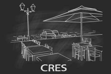 vector sketch of street scene with old houses in the town of Cres, Island of Cres, Kvarner, Croatia.