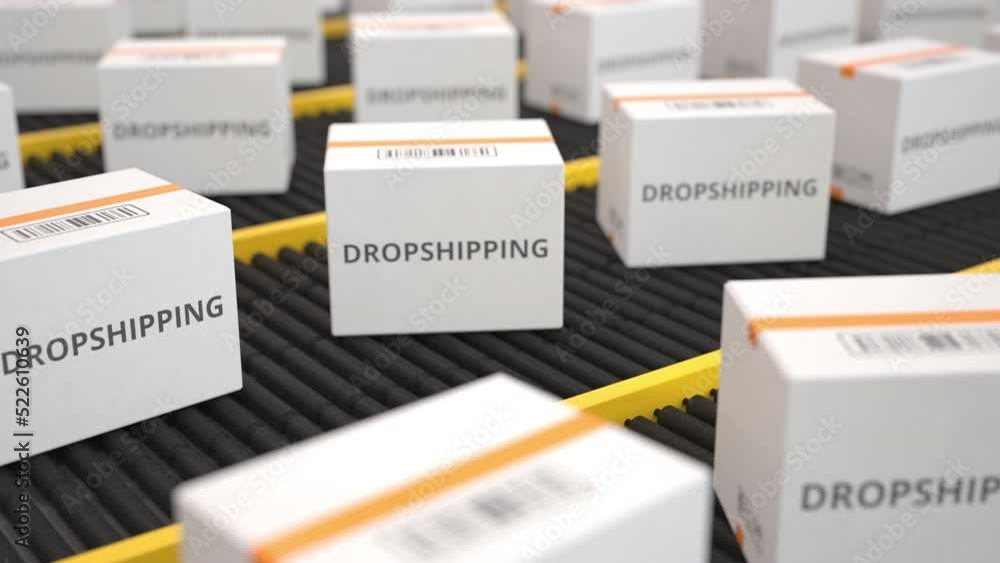 Poster dropshipping text on white boxes on the industrial conveyor. seamless loopable 3d animation